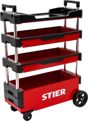 Produktbild von STIER Montagewagen, klappbar, 80kg Tragkraft, LxBxH 700x380x535 eingefahren, LxBxH 700x380x900mm ausgefahren, rollende Werkstatt, für Kleinteile und große Werkzeuge, Werkzeugkasten leer