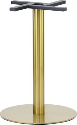 A standalone table base with a circular gold base and a gold cylindrical column topped with a black cross-shaped support.