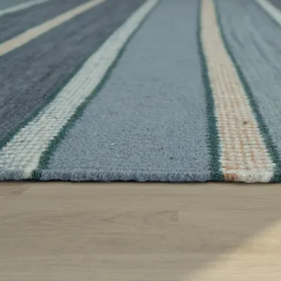 Produktbild von Natur Teppich Wolle Modern Handgewebt Gestreift Kelim Design Fransen Blau Beige Grösse 120x170 cm