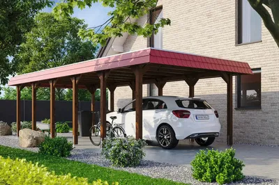 Produktbild von Einzelcarport SKAN HOLZ Spreewald rote Blende inkl. Pfostenanker 396 x 893 cm nussbaum