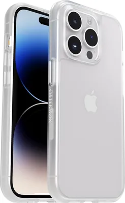 A clear, studio shot of an iPhone 14 Pro in a transparent OtterBox React case.