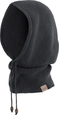 A knitted hood and scarf combination, also known as a balaclava or neck warmer with a hood, displayed against a white background.