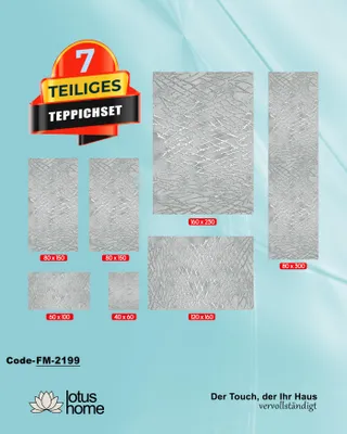 A collection of rugs of various sizes displayed on a light blue background with promotional text and branding.