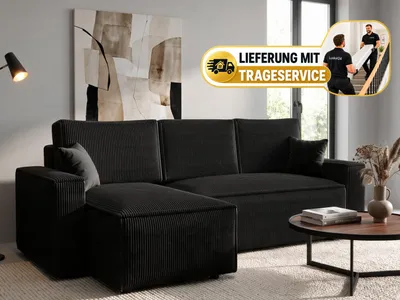 Produktbild von Ecksofa, Ecksofa mit Schlaffunktion, Eckcouch mit Bettkasten links-rechts CORD Stoff (Schwarz) - AMRO