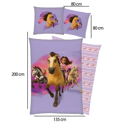 A flat lay of a Spirit Untamed bedding set, showing the duvet cover and pillowcases with dimensions indicated.