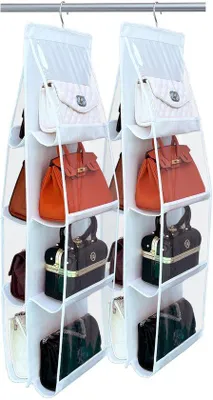 Productafbeelding van Ibenzoa® Handtas-organizer – ruimtebesparend met 2 grote compartimenten, transparant polyesternet, 8 opbergvakken, 32x34x123 cm, versterkt vliesmateriaal en PVC