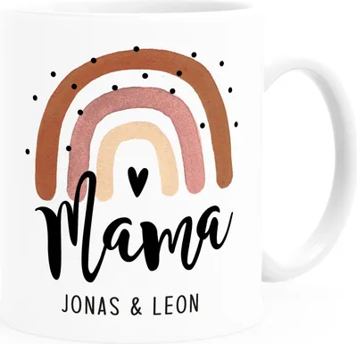 Produktbild von Kaffee-Tasse Mama Regenbogen Herz Kinder-Namen personalisiertes Geschenk Muttertag von Sohn Tochter SpecialMe® Uni-Weiß Keramik-Tasse