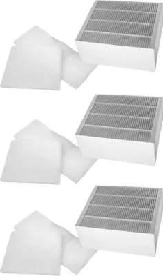 Collage of air filters and filter material, stacked in rows.