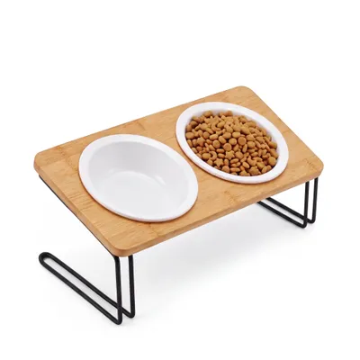 Produktbild von Penelife Futterstation mit 2 Näpfen - Bambus Ständer mit Futternapf - Fressnapf - Trinknapf für Hunde und Katzen - Hundenapf Erhöht (12 cm) in Natur
