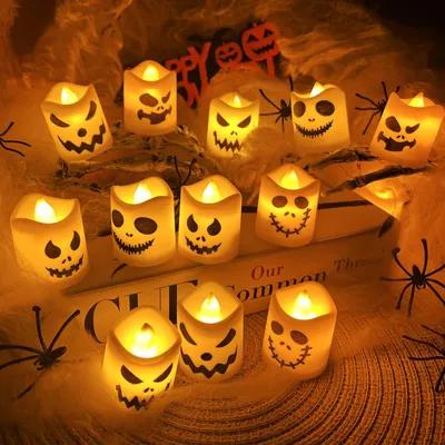 12 Halloween LED-Teelichter, flammenlos, gruselig, Kürbislaterne (B)
