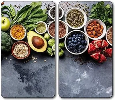 Immagine prodotto di Piatto di copertura in vetro multicolore - 2 pezzi - motivo AVOCADO - piatto di copertura per cucina - tagliere in vetro - paraspruzzi grigio