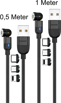 Produktbild von Magnet Ladekabel 2er Set (0,5 Meter+1 Meter) SOONTEC Magnetladekabel drehbar 360°&180° mit je 3 Stecker Micro USB/ USB-C/ Lightning 2,4 A Ladekabel (Schwarz)