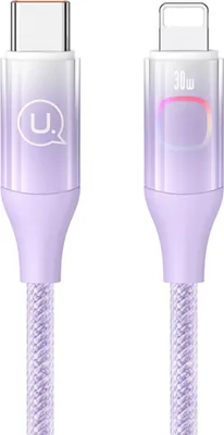 Imagen del producto de Cable de carga Eko, 30W, con conector USB-C a Lightning, longitud 1.2 metros, compatible con dispositivos Display XM, con iluminación LED, color violeta