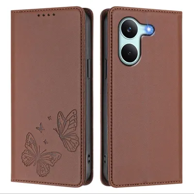 Produktbild von Lederhülle für Xiaomi Poco X8 Pro/Redmi Turbo 5, Schmetterling Prägung Leder Brieftasche Schutzhülle mit Ständer Braun