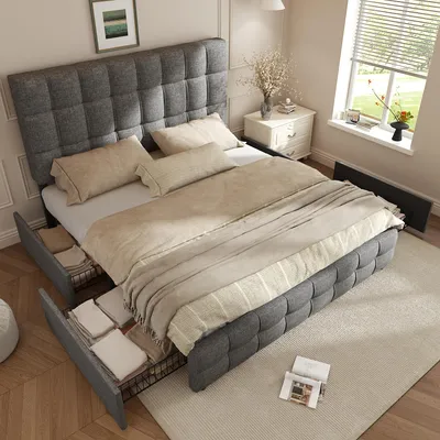 Produktbild von Polsterbett mit 4 Schubladen, Doppelbett mit Lattenrost, Stauraum Bett, höhenverstellbares Kopfteil & quadratisches Nähdesign, Metalllattenstütze, Leinenmaterial (140*200 cm, Grau)