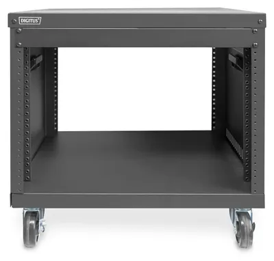 A dark gray server rack on wheels, shown from the front.