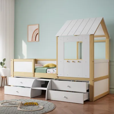 Produktbild von Kinderbett, Hausbett mit Dach und Fenster, Vierseitiger Zaun, mit 4 Schubladen und kleine Treppe, 90x200cm