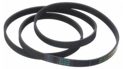 A black serpentine belt coiled on a white background.