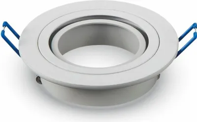 A white recessed light fixture with blue spring clips, shown from a diagonal angle against a white background.