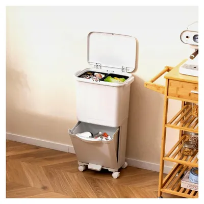 Produktbild von 36 L Abfalleimer für die Küche, Mülleimer mit 2 Ebenen und Rollen, Abfallbehälter mit Pedal und neigbarem Unterschrank, Treteimer für Küche, Esszimmer, Wohnzimmer, Weiß