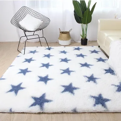 Produktbild von Hochflor-Teppich, Design: Langflor, Weiß mit blauen Sternen, 160 x 230 cm