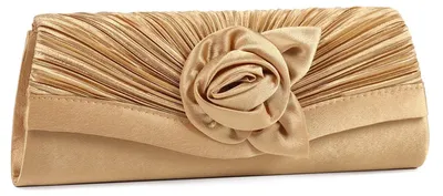Imagen del producto de Damara, clutch para mujer, satén, detalle de flor plisada en la parte delantera, color dorado, tamaño: grande