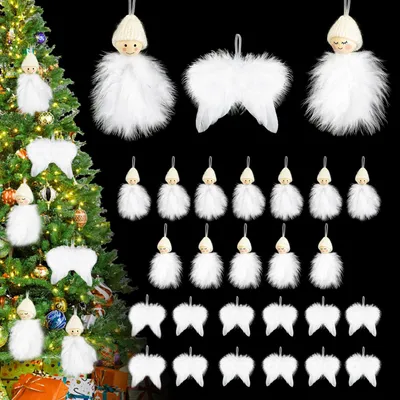 Weihnachtsbaumschmuck weiße Federn, 24 Stück Federflügel-Anhänger