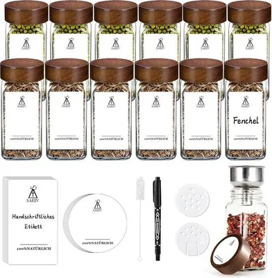 Productafbeelding van Elegante Kruidenpotjes Set - 12 stuks - Glazen potjes - Acacia hout