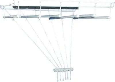 A ceiling-mounted clothes drying rack with multiple lines.