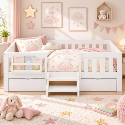 Imagen del producto de Cama infantil Merax de 90x200 cm con barandillas de protección, estructura de madera con 2 cajones, cama individual con estantería, escalera de acceso y somier, color blanco