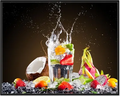 Produktbild von Wallario Wandbild Tropische Früchte in einem erfrischenden Drink, Größe: 40,30 x 50,30 cm, Poster mit schwarzem Aluminiumrahmen