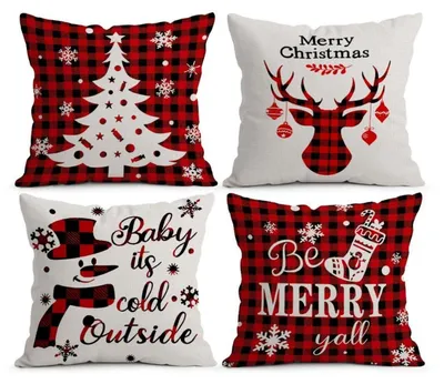 Productafbeelding van Kerstkussenslopen, 45x45 cm, set van 4, met kerstboom, rendier, rood
