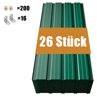 Produktbild von GIHAUVIA 26xTrapezblech 108x42.6 cm Dachblech 11m² inkl Schrauben Wandblech verzinkt Profilblech wetterfest für Carport Gartenhaus Grün