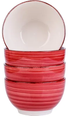 Zdjęcie produktu dla Zestaw 4 misek na musli, wykonanych z ceramiki, marki Bella, pojemność 750 ml każda, kolor czerwony, wymiary 14,2 x 8,2 cm, ręcznie malowane