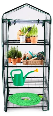 Zdjęcie produktu dla Plastikowa szklarnia Kinzo z 4 półkami 69 x 49 x 160 cm Przezroczysta z zielonymi akcentami