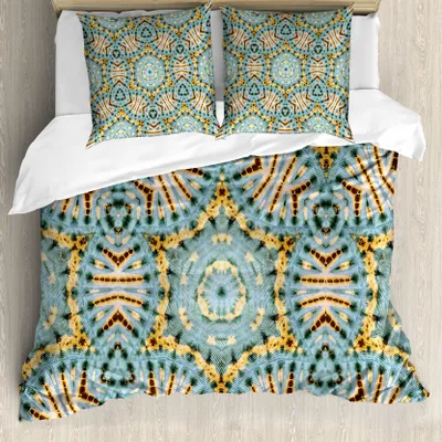 Produktbild von ABAKUHAUS Boho Bettbezug, Tribal Bohemian, Milbensicher Allergiker geeignet mit Kissenbezügen, 200 cm x 200 cm - 80 x 80 cm, Blau Gelb