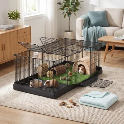 Produktbild von SONGMICS Kleintiergehege Hasenkäfig XXL mit Bodenmatte 140 x 70 x 45 cm Schwarz