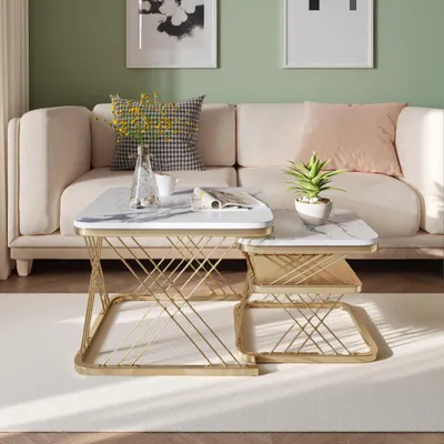 Produktbild von ProximaX 2er Set Quadratische Couchtisch & Beistelltisch – Marmoroptik Weiß mit Gold Metallgestell, Stabiler Wohnzimmertisch, Platzsparendes Nesting-Tisch Set für Wohnzimmer & Flur