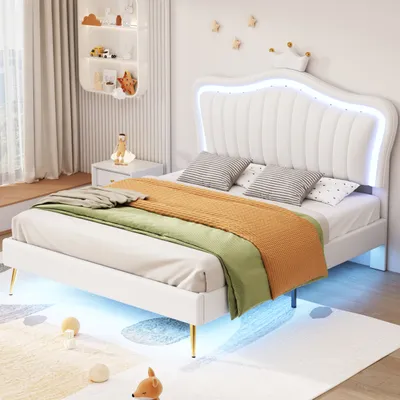 Obrázok produktu pre Čalúnená posteľ Fortuna-Lai 140 x 200 cm - manželská posteľ zPolyuretánkože s LED svetlami, lamelovým rámom a korunkovou hlavou (účesom) pre dospievajúcich - biela