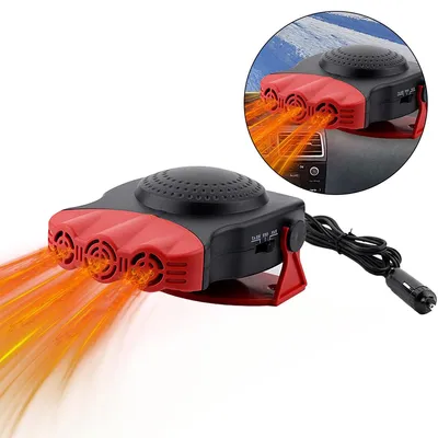 A portable car heater and defroster with orange heat waves emanating from its vents, shown against a white background. A circular inset shows the device placed on a car dashboard.