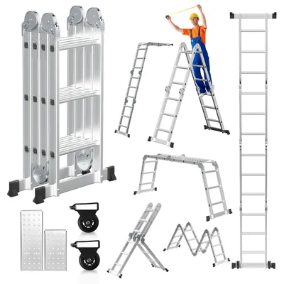 Obrázek produktu pro Peviasot univerzální žebřík, multifunkční žebřík 7v1, 4x3 schody, výška cca 360 cm / 3,6 m, hliníkový kloubový žebřík s 2 platformami, 2 kolečky, maximální nosnost 150 kg