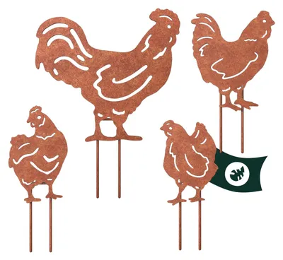 Image de Décoration de jardin avec des poules et un coq couleur rouille – Décoration de coq – Décoration de jardin avec des poules et une patine rouillée – Poteaux de jardin avec des poules et un coq couleur rouille en fer robuste – Décoration décorative avec des poules pour le jardin, le balcon et la terrasse
