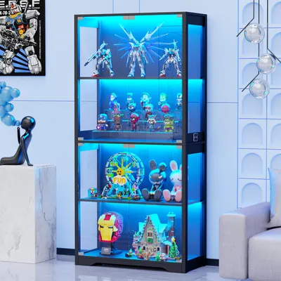 A display cabinet filled with various collectible items, illuminated by blue LED lights.