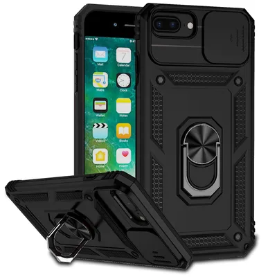 Immagine prodotto di Custodia per iPhone 8 Plus/7 Plus/6 Plus/6s Plus a doppio strato con copertura scorrevole della fotocamera e supporto ad anello nero