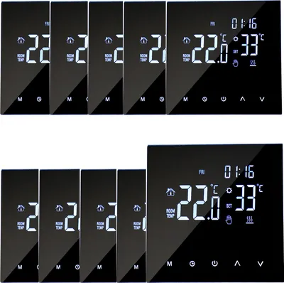 A collection of digital thermostats displayed on a black background.
