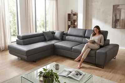 Produktbild von Ecksofa SAVIO Boston links – mit Schlaffunktion, Kunstleder in Grau, Family Meble, KI-generiertes Bild
