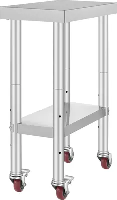 Obrázok produktu pre SucceBuy pracovný stôl z nehrdzavejúcej ocele | 12 x 24 x 34 palcov | Nosnosť 700 libier | 4 kolieska | 3 nastaviteľné výšky | Robustný pracovný stôl na prípravu jedál pre komerčné kuchyne reštaurácií | Strieborná