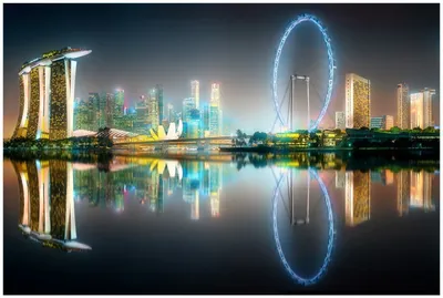 Produktbild von Wallario Premium Glasbild, freischwebende Optik, kräftige Farben, Größe 90 x 60 cm Motiv Singapur bei Nacht
