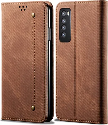 Produktbild von Huawei Nova 7 Hülle, LaimTop Denim Leder Brieftasche Magnetverschluss Flip Bookstyle Schutzhülle mit Standfunktion für Huawei Nova 7 Huawei Nova 7 Braun
