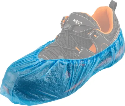 A single blue disposable shoe cover is shown covering a black and orange athletic shoe.